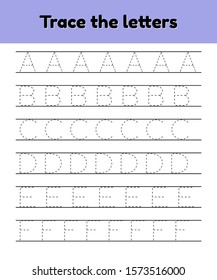 Vector illustrations set. Trace line letters for kindergarten and preshool kids. Alphabet.