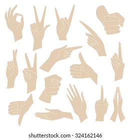 Vector Illustrations Set of universal gestures of hands. Hands in different interpretations.