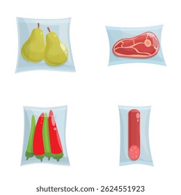 Ilustrações vetoriais conjunto de embalagens de alimentos lacradas a vácuo para preservação e frescura. Incluindo as peras embaladas em plástico. Bife. Pimentos de pimentão. Salame. E muito mais. Ideal para supermercado. Supermercado