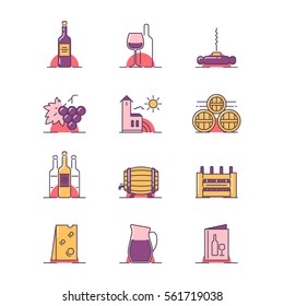 Vector illustrations set of the vinery attributes such as wine bottle, wine glasse, corkscrew, grapes,  vinery building, barrels, box, cheese, ewer and menu on white background. 