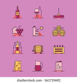 Vector illustrations set of the vinery attributes such as wine bottle, wine glasse, corkscrew, grapes,  vinery building, barrels, box, cheese, ewer and menu on pink background. 