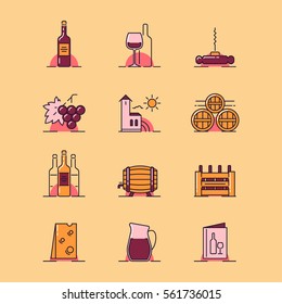 Vector illustrations set of vinery building, wine glass, corkscrew, grapes, vinery building, barrels,  box, cheese, ewer and menu on pale yellow background. 