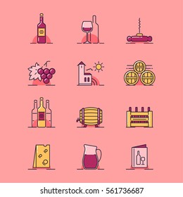 Vector illustrations set of vinery building, wine glass, corkscrew, grapes, vinery building, barrels,  box, cheese, ewer and menu on pale pink background. 