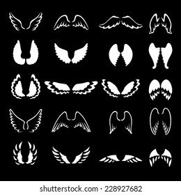 Vector illustrations of  set of white contour and silhouette different wings on black background