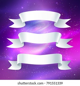 Vector illustrations set of white ribbon banners on outer space background.