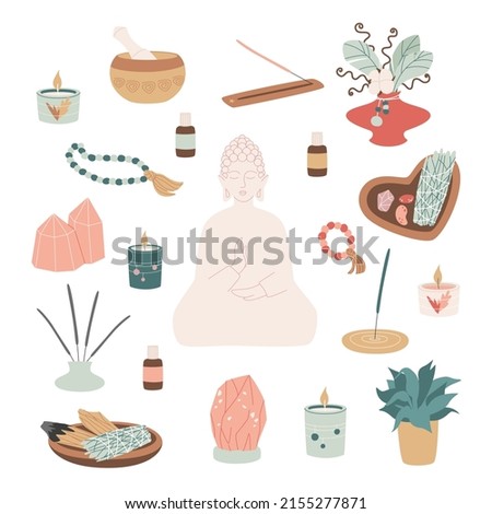 Vector illustrations set for yoga and meditation practice and relaxation. Red Himalayan salt, Buddha statuette, Tibetan sound bowl, rosary, Palo Santo sticks, sage, crystals, candles, potted plant.
