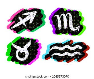 Vector illustrations set of Zodiac signs with grunge and rgb colors glitch effects.