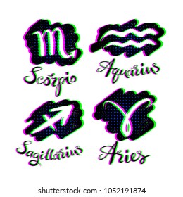Vector illustrations set of Zodiac signs with grunge and rgb colors glitch effects.
