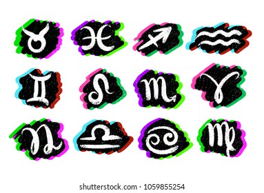 Vector illustrations set of Zodiac signs with grunge and rgb colors glitch effects.