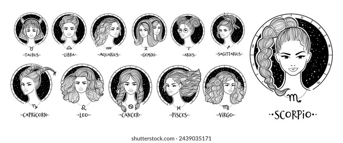 Vector illustrations set of zodiac signs line art girls portraits	
