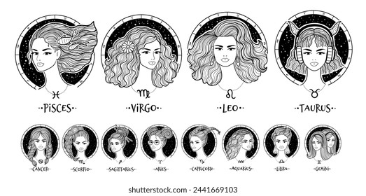 Vector illustrations set of zodiac signs line art girls fashion portraits