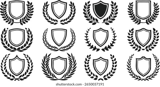 Vector illustrations of shield designs within laurel wreaths