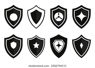 Vector illustrations of shields in various styles, representing protection, security, and defense. Ideal for use in security, safety, and protection-related designs.
