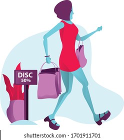 vectorial Ilustraciones descuento de compras, entusiasta chica de compras