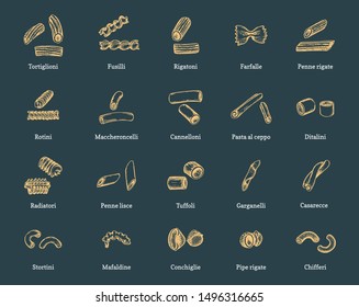 Vector illustrations of short pastаs. Set of drawn macaroni on dark background.
