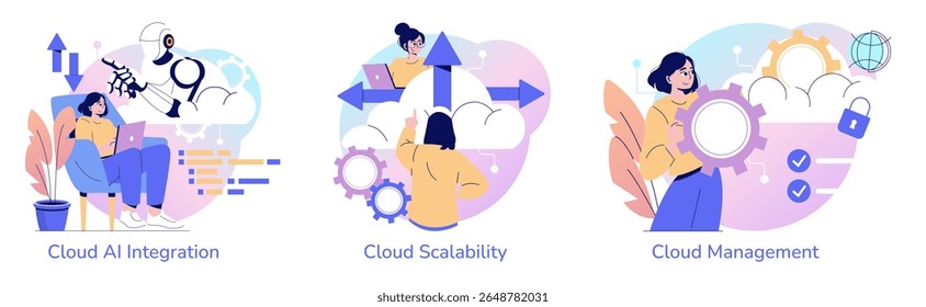 Ilustrações vetoriais que mostram conceitos de tecnologia de nuvem com integração de IA, soluções de escalabilidade e estratégias de gerenciamento. Apresenta pessoas interagindo com elementos digitais.