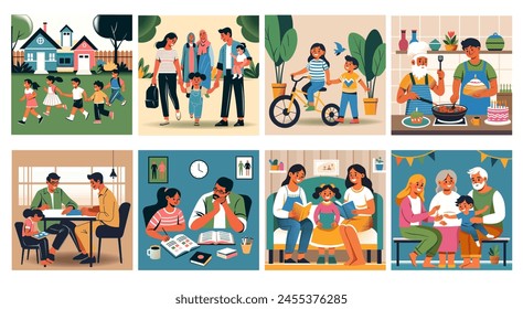 Ilustraciones vectoriales que muestran las actividades diarias de una familia y las interacciones con la comunidad.