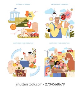 Vector illustrations showcasing sustainable farming practices, including state aid, natural pest control, and waste-free food production with farmers and animals, promoting eco-friendly agriculture.