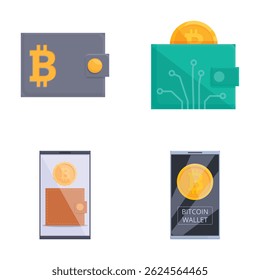 Vector illustrations showcasing various designs of digital wallets for bitcoin storage and transactions