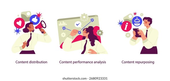 Vector illustrations showing AI in content strategy: distributing content across platforms, analyzing performance with data insights, and repurposing content for new formats and audiences.