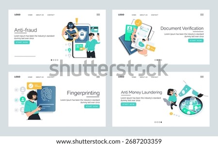 Vector illustrations showing anti-fraud measures, document verification, fingerprinting, and anti-money laundering. Each image includes individuals engaged in related digital activities.