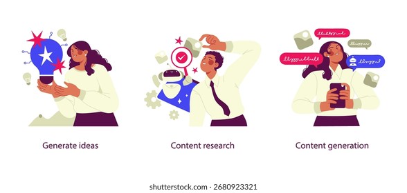 Vector illustrations showing artificial intelligence in creative workflows: generating new ideas, conducting content research, and producing content with automation tools.