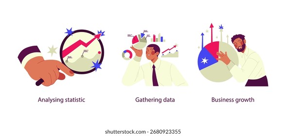 Ilustrações de vetor mostrando a análise e o crescimento dos negócios: análise de estatísticas com lupa, coleta de dados com gráficos e diagramas e crescimento dos negócios .