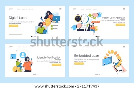Vector illustrations showing digital loan, instant approval, identity verification, and embedded loan processes. Features individuals interacting with laptops, smartphones, and documents.