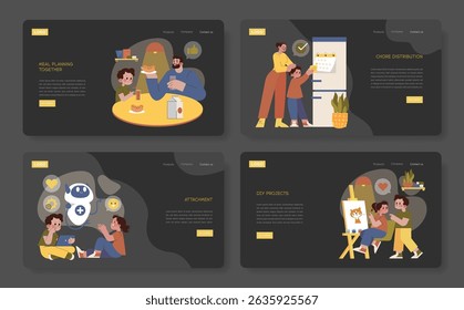 Vector illustrations showing a family planning meals together at a table, a child marking a calendar with an adult, kids interacting with a friendly robot, and a duo engaged in a DIY painting project.