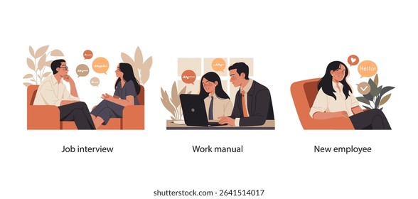 Vector illustrations showing a job interview, onboarding training with a work manual, and a new employee introduction in office setting.