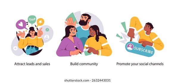Vector illustrations showing lead generation, community building, and social media channel promotion for digital marketing strategies.