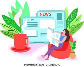 Vector illustrations showing news updates on smartphones and people creating and reading news content 