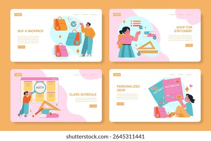 Vector illustrations showing a series of educational themes. Scenes include buying a backpack, shopping for stationery, organizing a class schedule, and personalizing gear.
