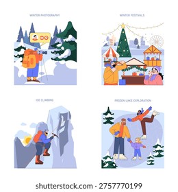 Vector illustrations showing various winter activities. Includes a photographer in snow, ice climbing on a cliff, enjoying a winter festival, and a family exploring a frozen lake.