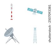 Vector illustrations of a signal tower, satellite, satellite dish, and radio tower