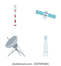 Vector illustrations of a signal tower, satellite, satellite dish, and radio tower