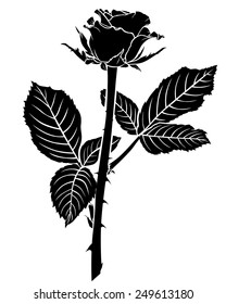 Vector illustrations of silhouette of a beautiful flowering rose bud with two large leaves