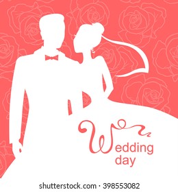 Vector illustrations of silhouette of bride and groom. Wedding day card on roses background