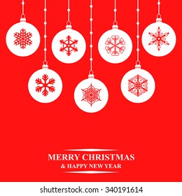 Vector illustrations of silhouette Christmas balls hanging on red background