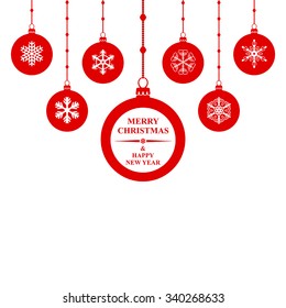 Vectores ilustraciones de silueta Navidad felicitación bolas rojas colgando de fondo blanco