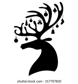 Vector illustrations of silhouette of deer head decorated baubles