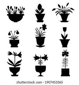 Vector illustrations of silhouette flowers icon set