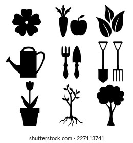 Vector illustrations of silhouette Garden and nature icon with flower, leaves, trees, fruits and garden equipment