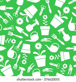 Vector illustrations of silhouette of garden tools pattern seamless on green background