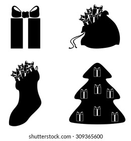 Vector illustrations of silhouette gifts in bag, gifts on fir, gifts on sock