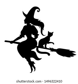 Vector Illustrations Of Silhouette Halloween Witch And Cat