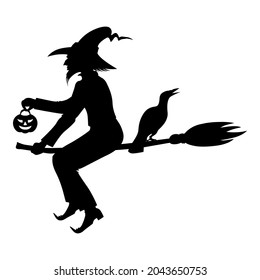 Ilustraciones vectoriales de la silueta bruja de Halloween con sombrero en la mosca de la escoba con linterna. Asistente