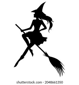 Vector illustrations of silhouette Halloween witch with hat on broom fly