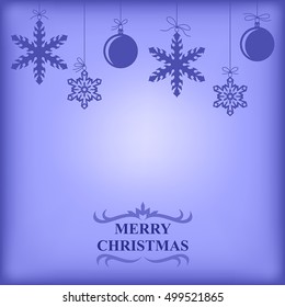 Vector illustrations of silhouette of hanging Christmas balls and snowflakes on blue background