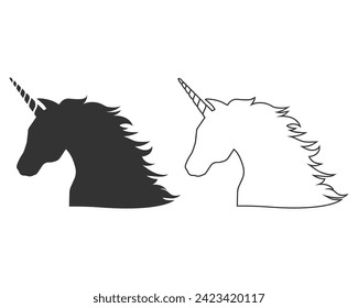 Ilustraciones vectoriales de la micología de la cabeza de la silueta bonito icono de la línea de unicornio conjunto en moderno símbolo de estilo plano